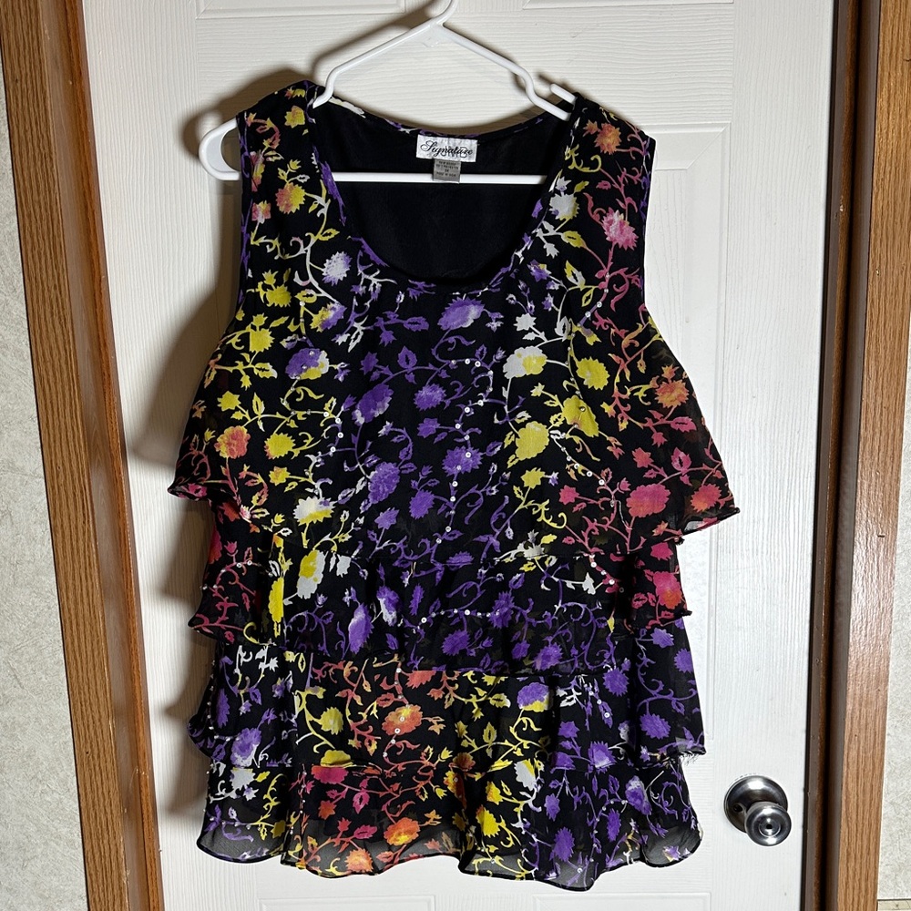 Signature Black Multicolor Floral Ruffle Blouse